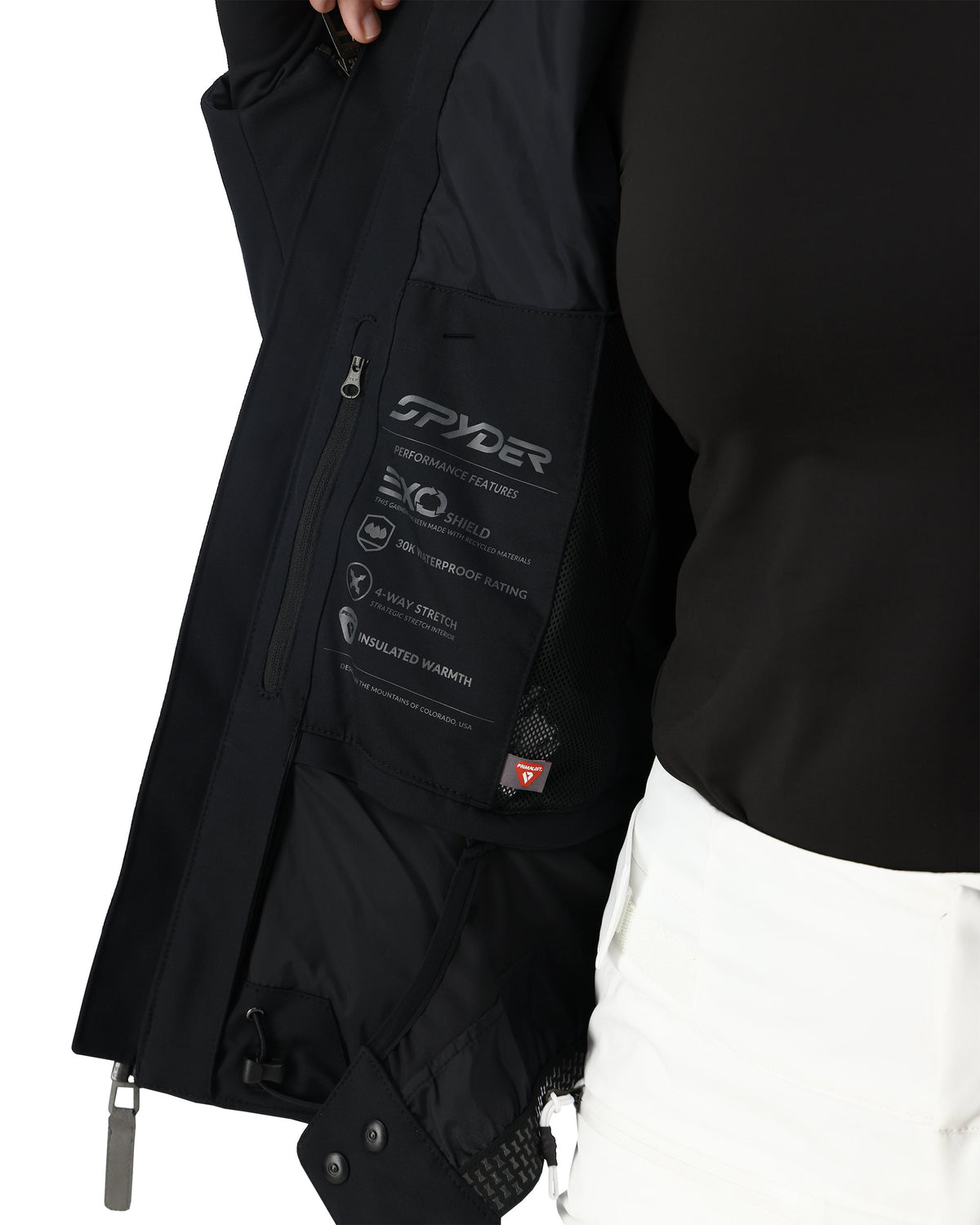 Black Spyder jacket with visible branding on a white background