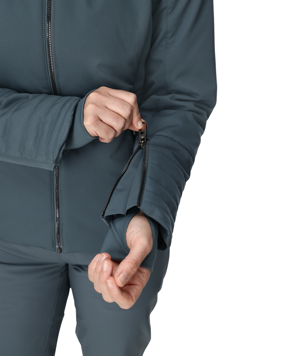 Person wearing a dark gray jacket with a zipper on a white background