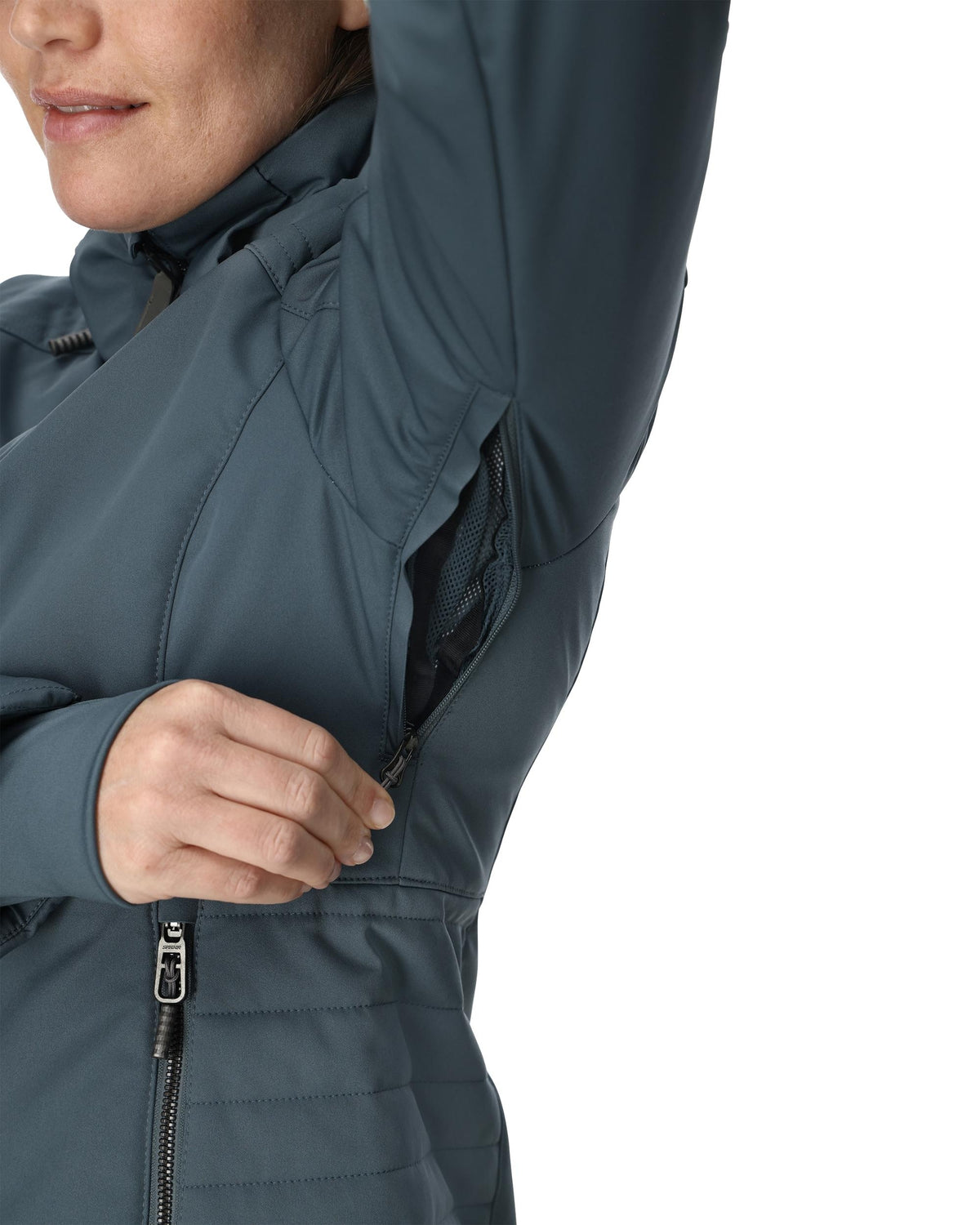Person wearing a dark blue jacket with a white background