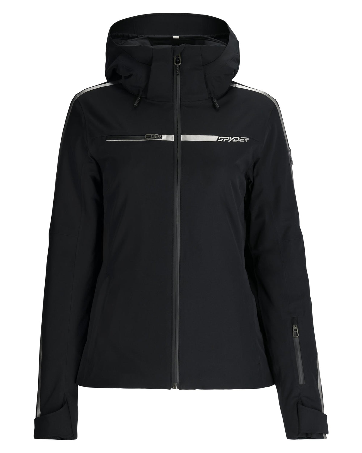 Black jacket with a brand logo on a white background