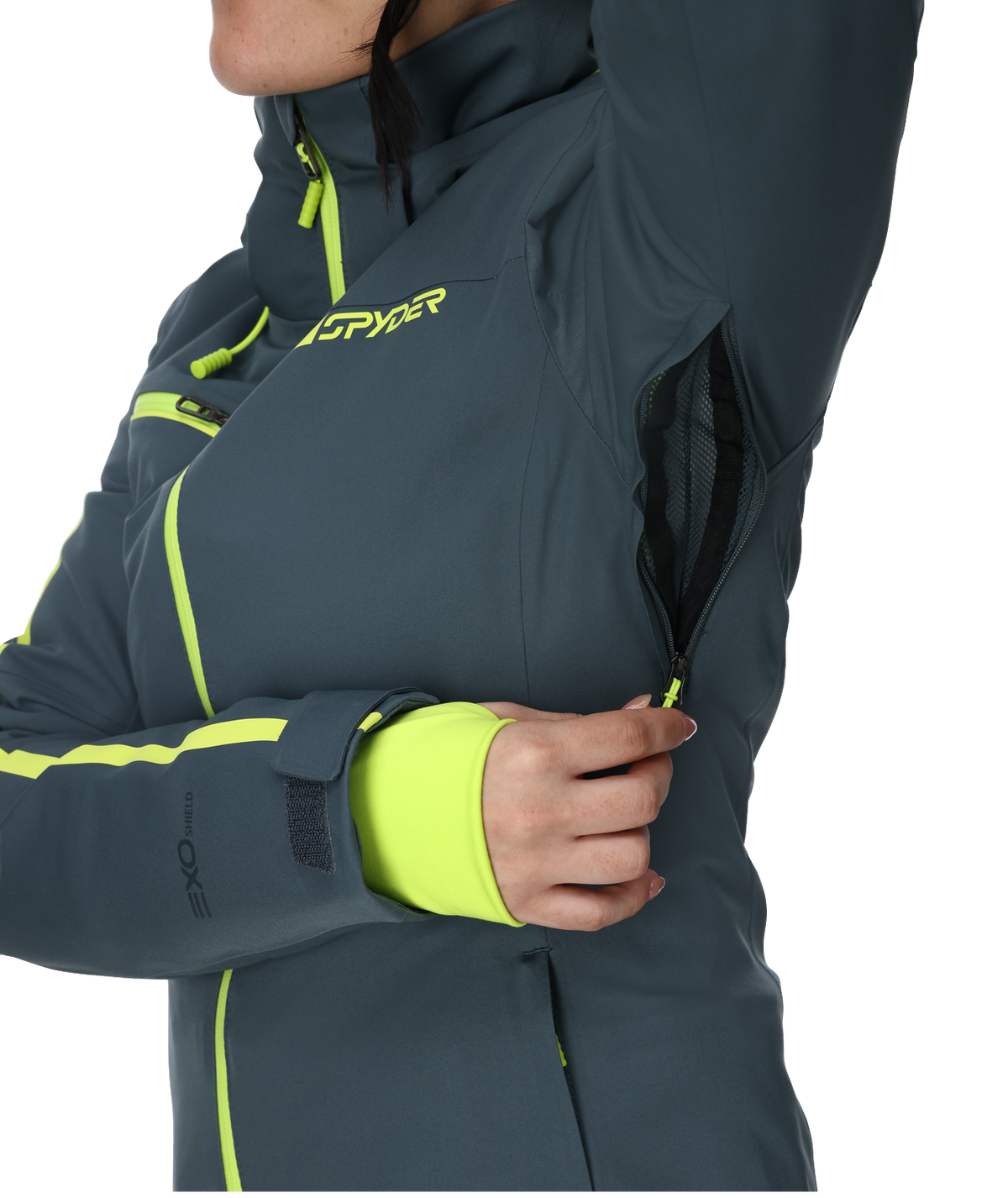 Person wearing a gray jacket with green accents, featuring Spyder branding.