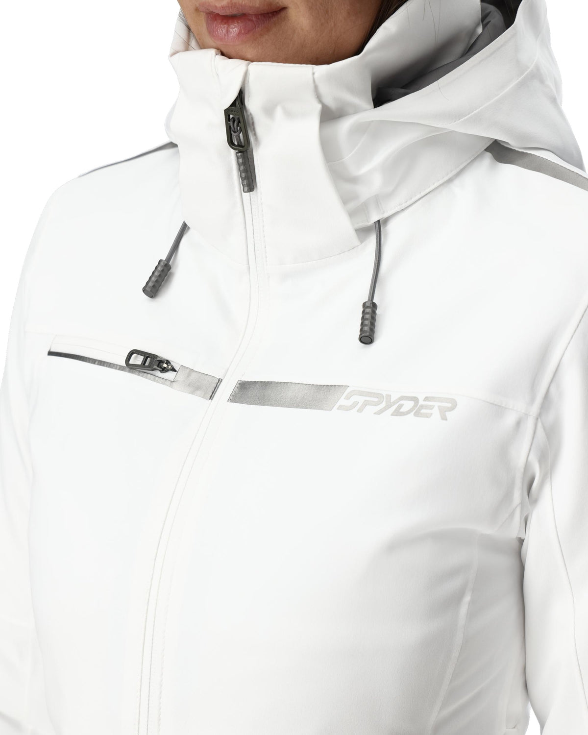 White jacket with brand logo on a white background