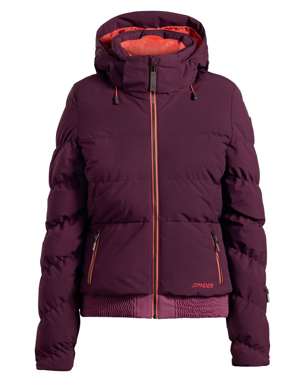 Purple puffer jacket with a hood on a white background