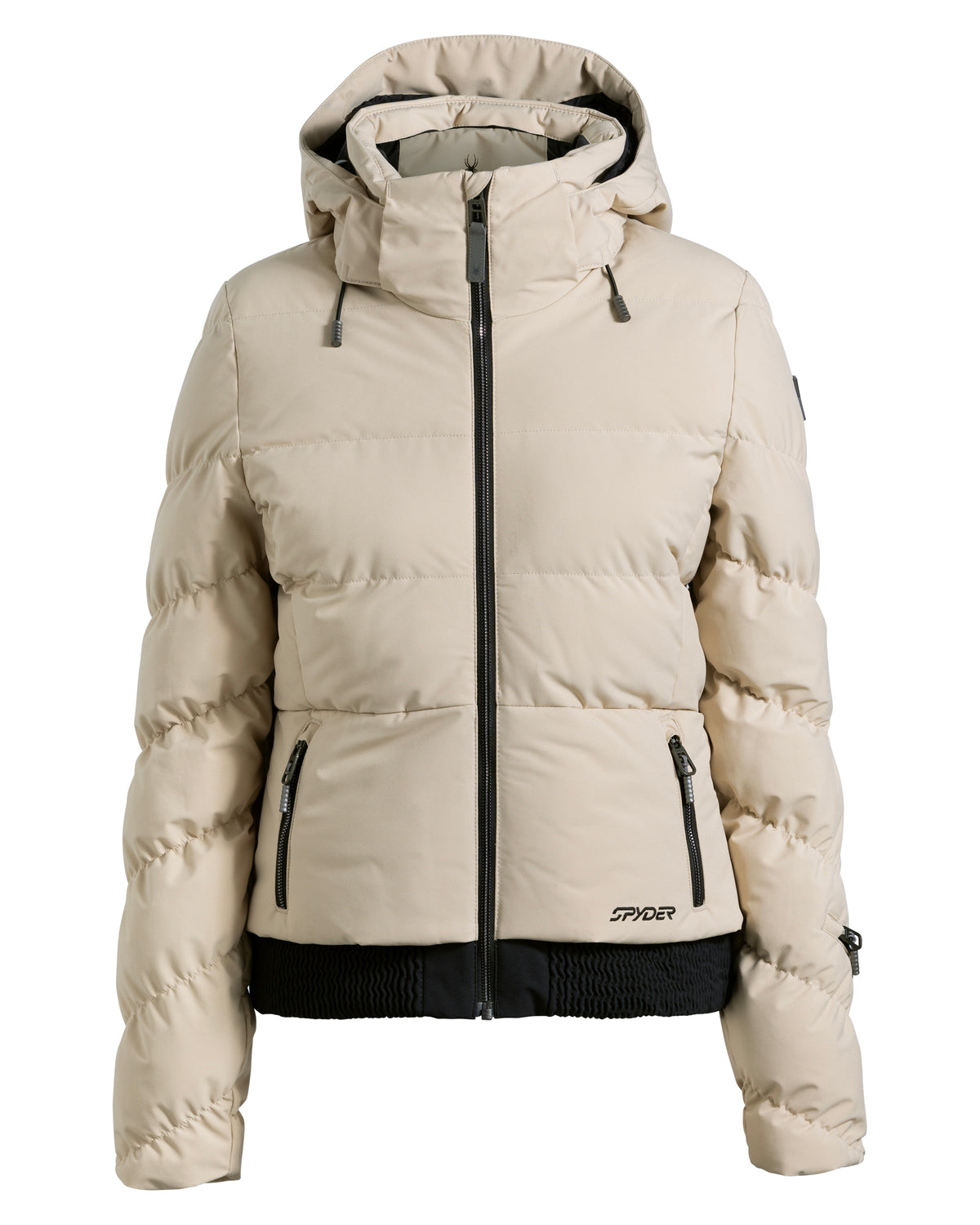 Beige winter jacket with black accents on a white background