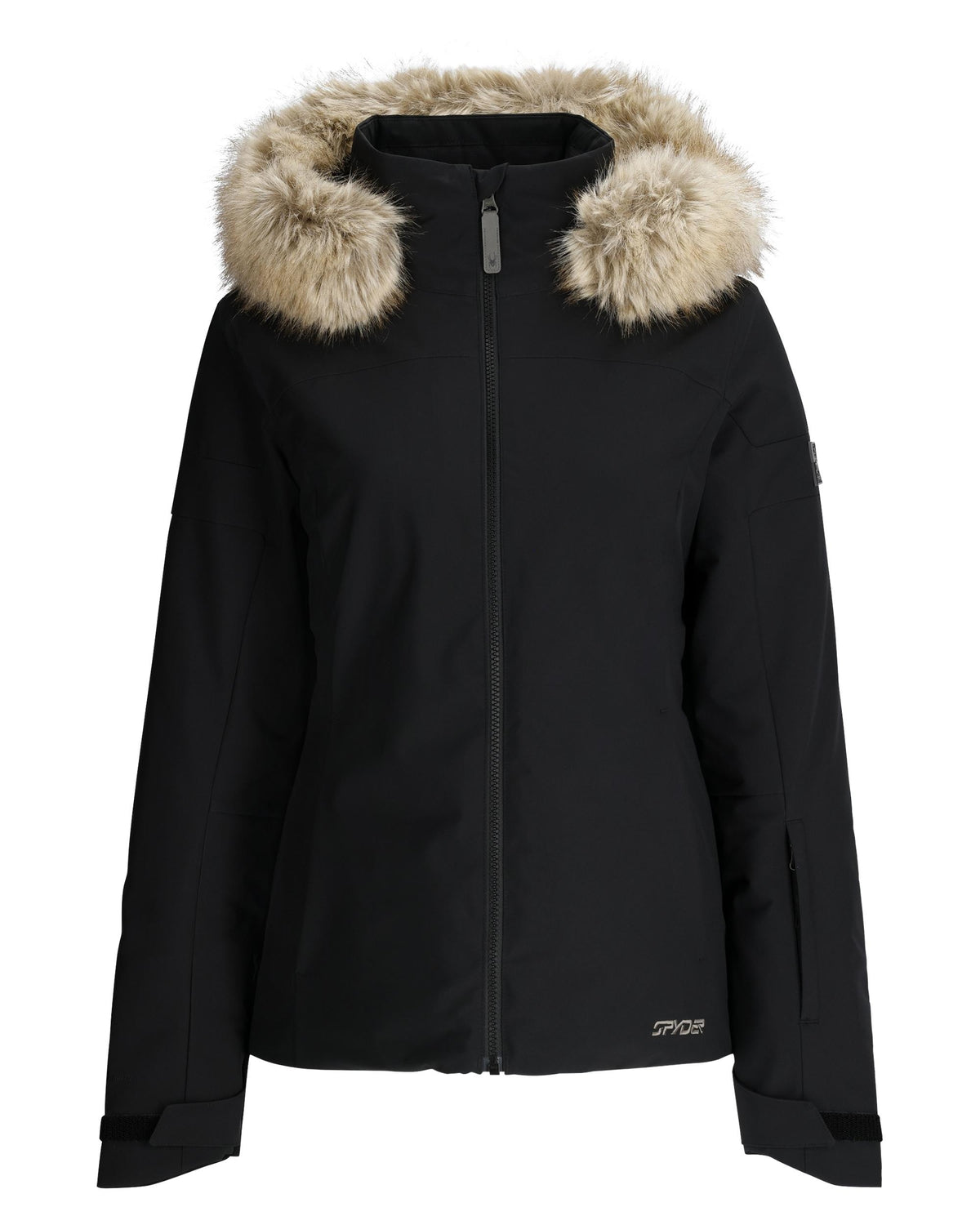 Black jacket with fur-lined hood on a white background