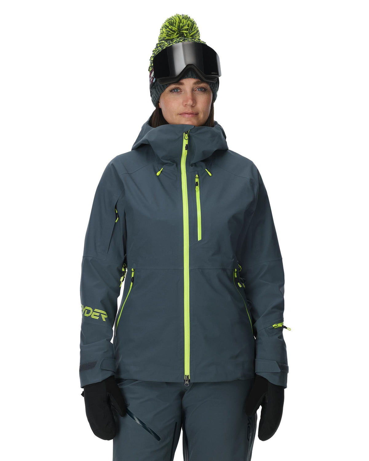 Person wearing a gray ski jacket with green accents on a white background