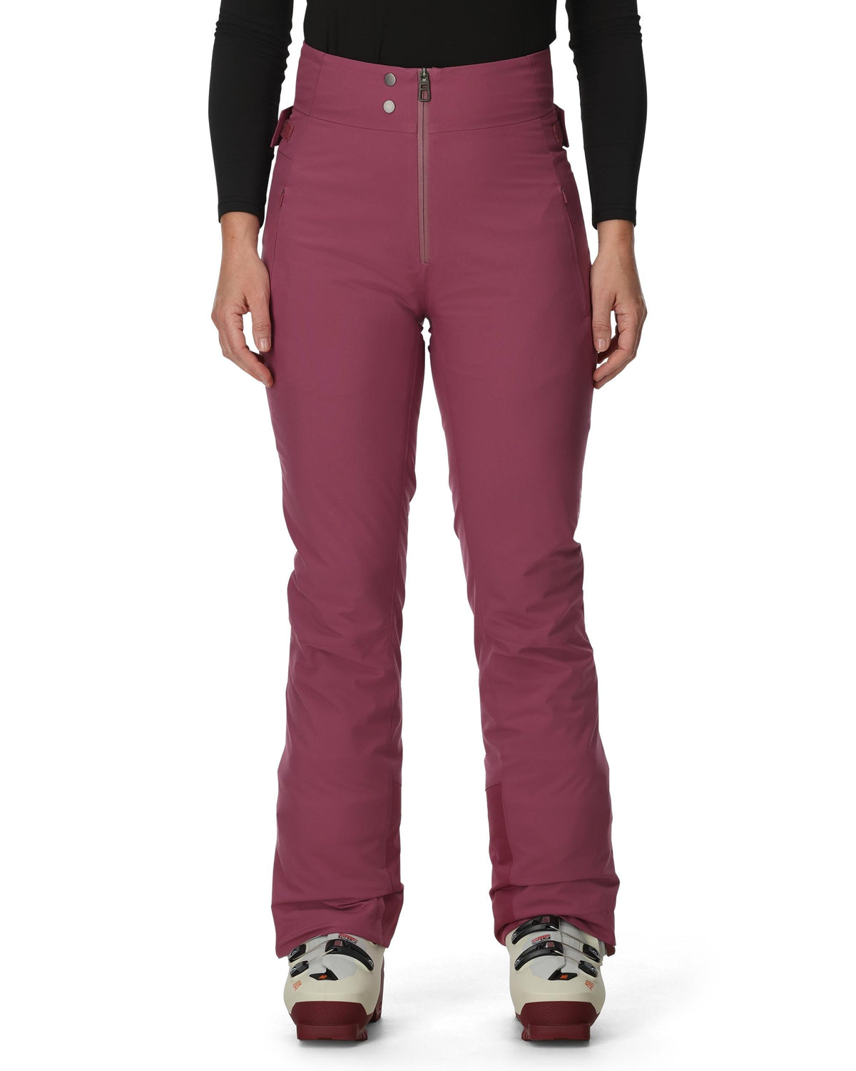 Purple snow pants worn by a person on a white background