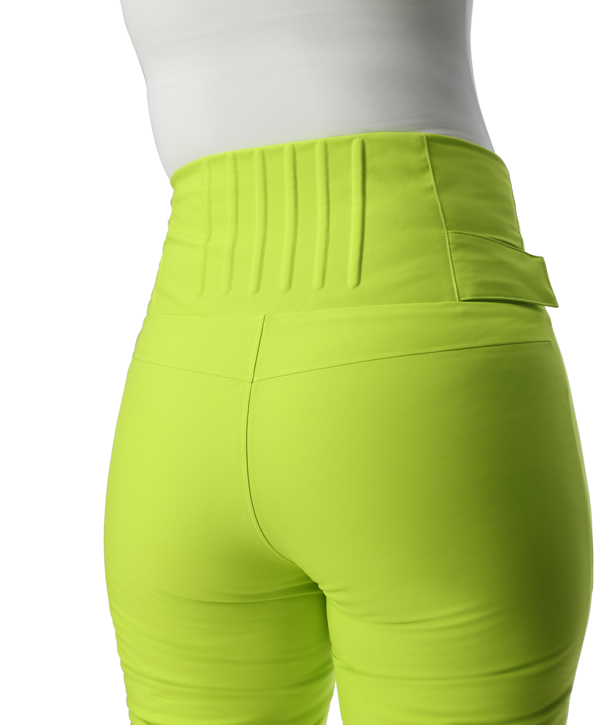 Bright green leggings worn by a person on a white background