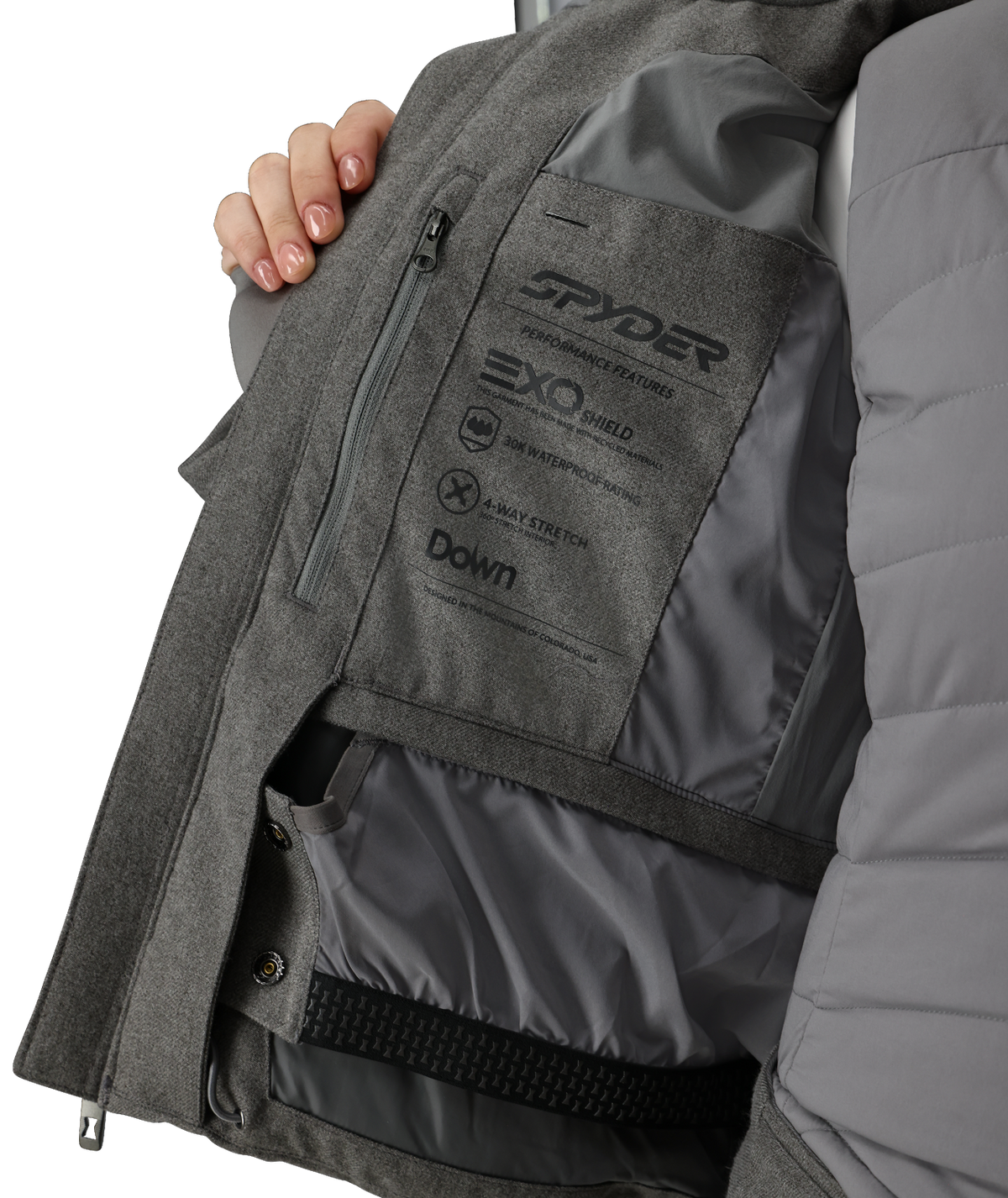 Gray jacket with Spyder branding on a white background