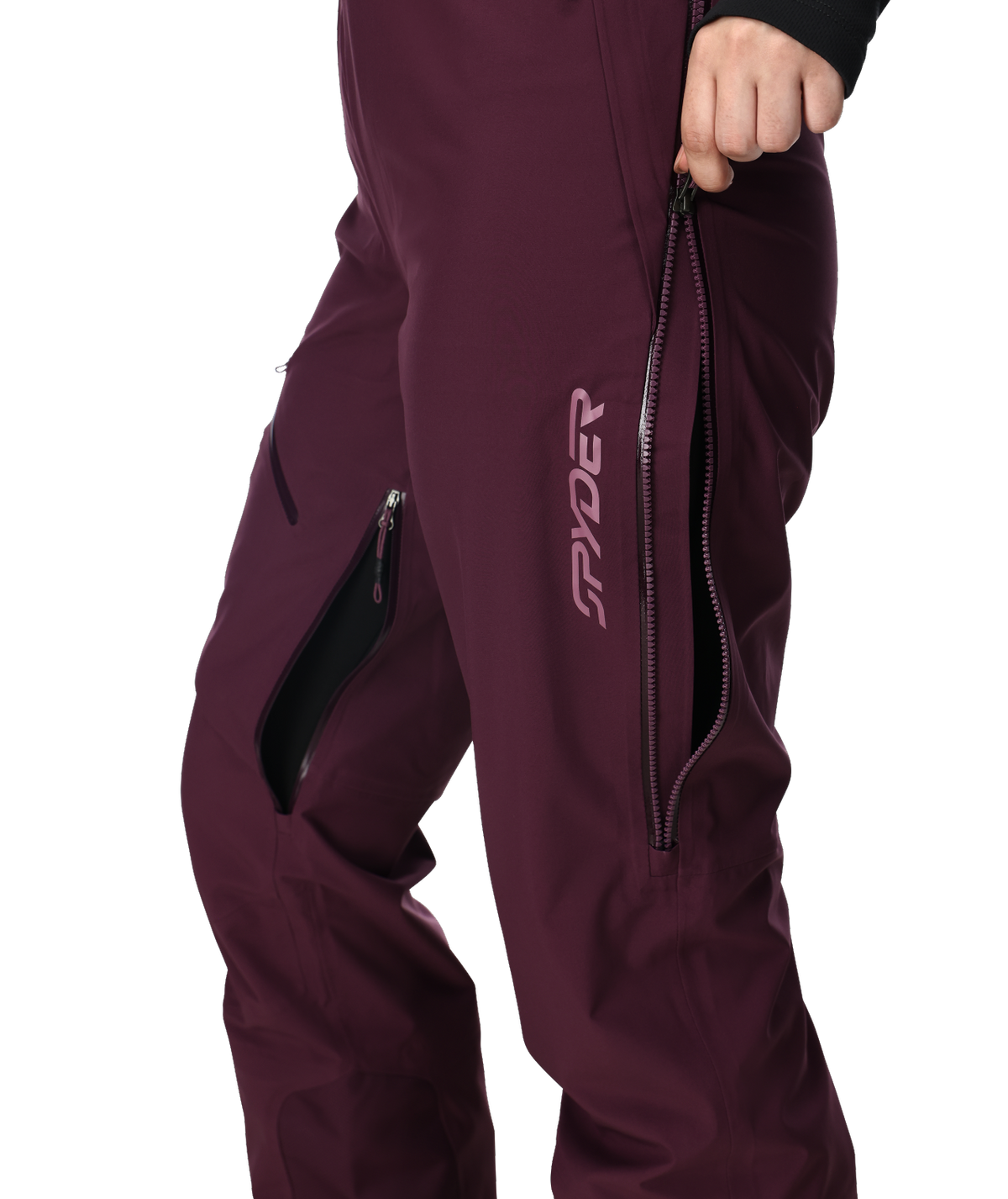 Maroon pants with a brand logo on a white background