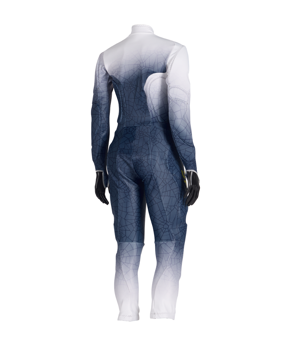 Gradient blue to white bodysuit on a mannequin against a white background