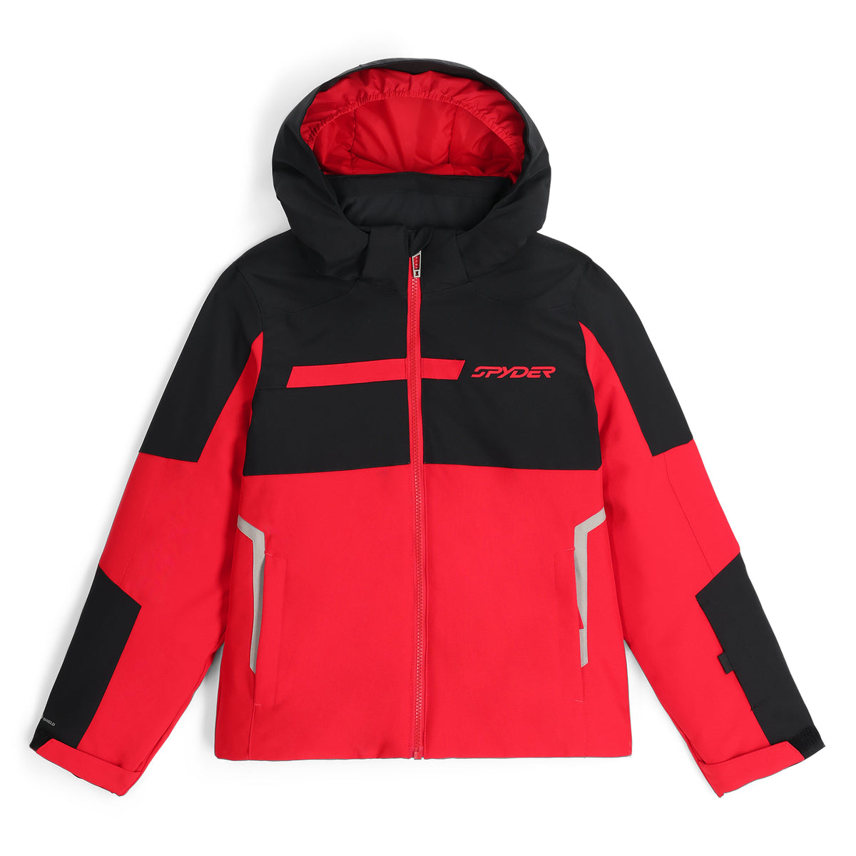 Red and black jacket with a visible brand logo on a white background