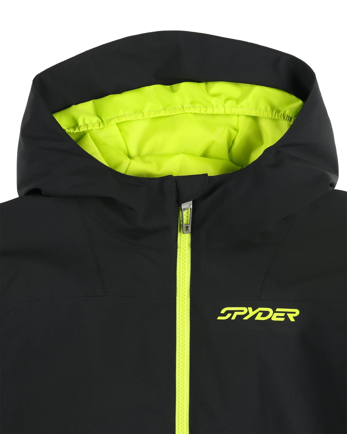 Black jacket with yellow interior lining and Spyder logo on a white background