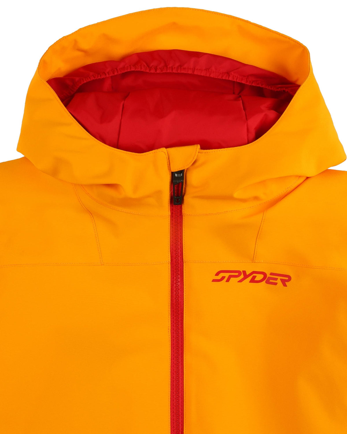 Close-up of an orange jacket with a red zipper and hood, featuring the Spyder brand logo.