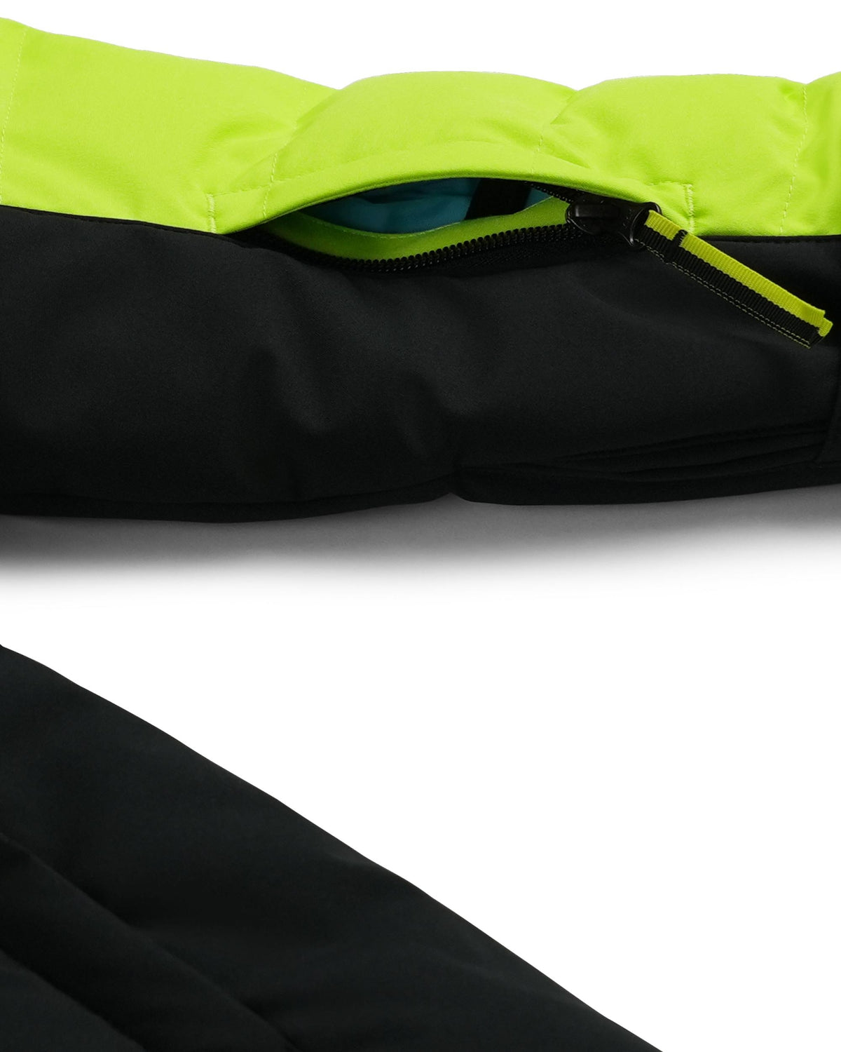 Close-up of a black and green jacket with a zipper on a white background