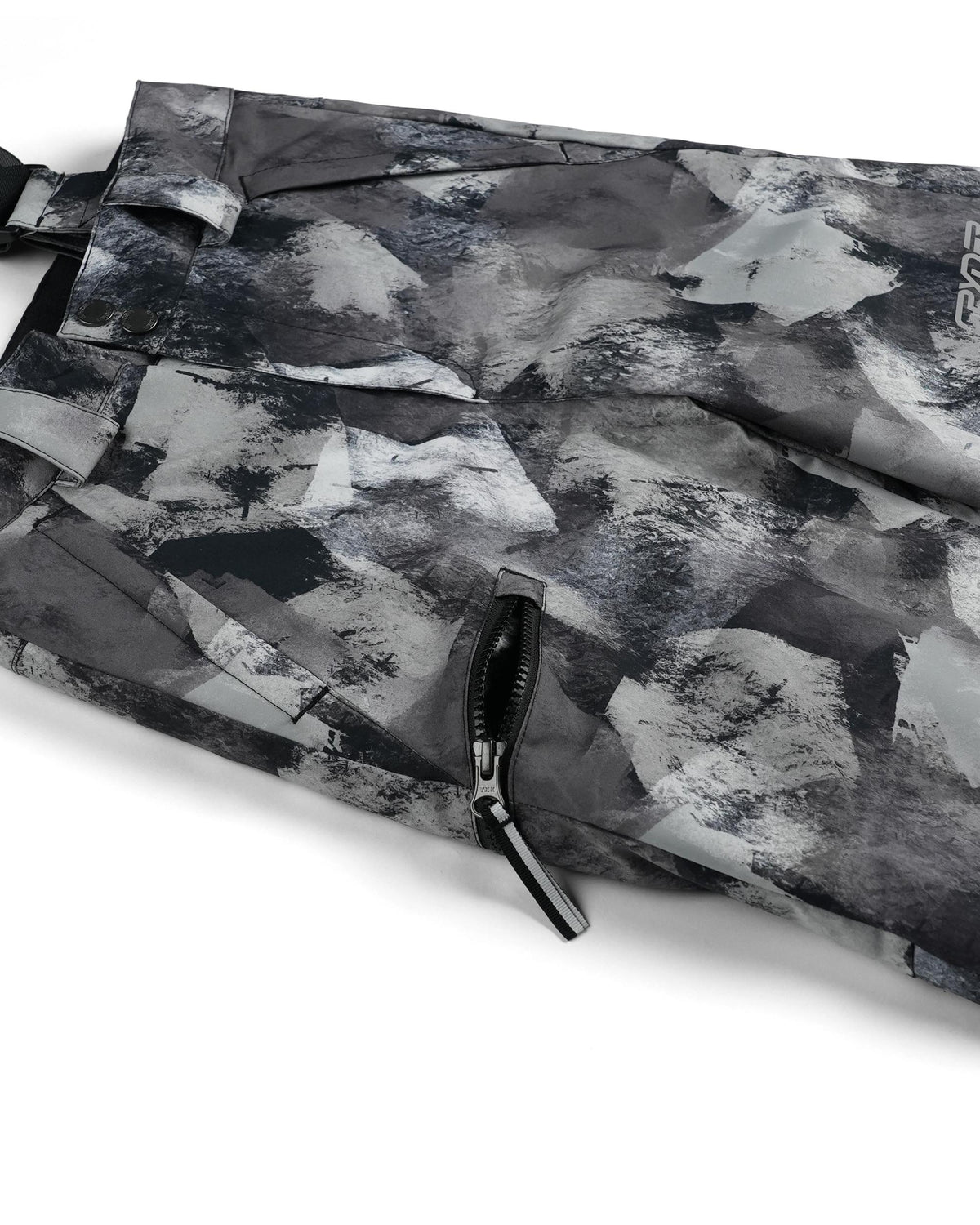 Black and white patterned bag with a zipper on a white background