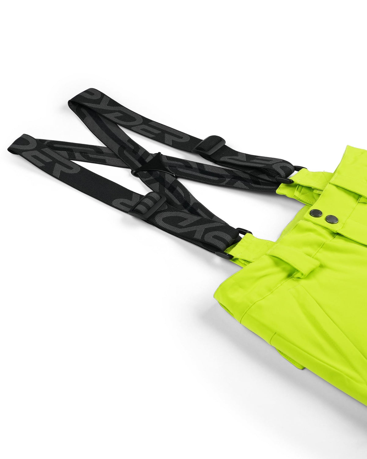 Green pants with black suspenders on a white background