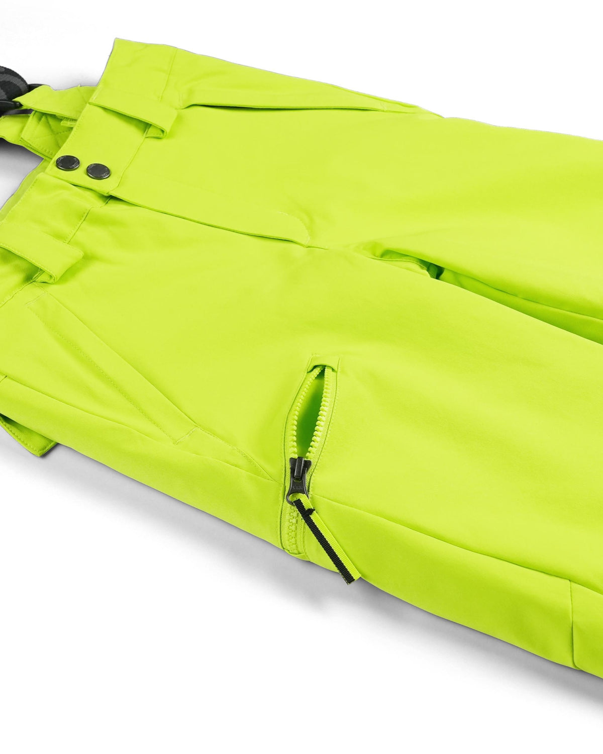 Close-up of bright green pants with a zipper on a white background