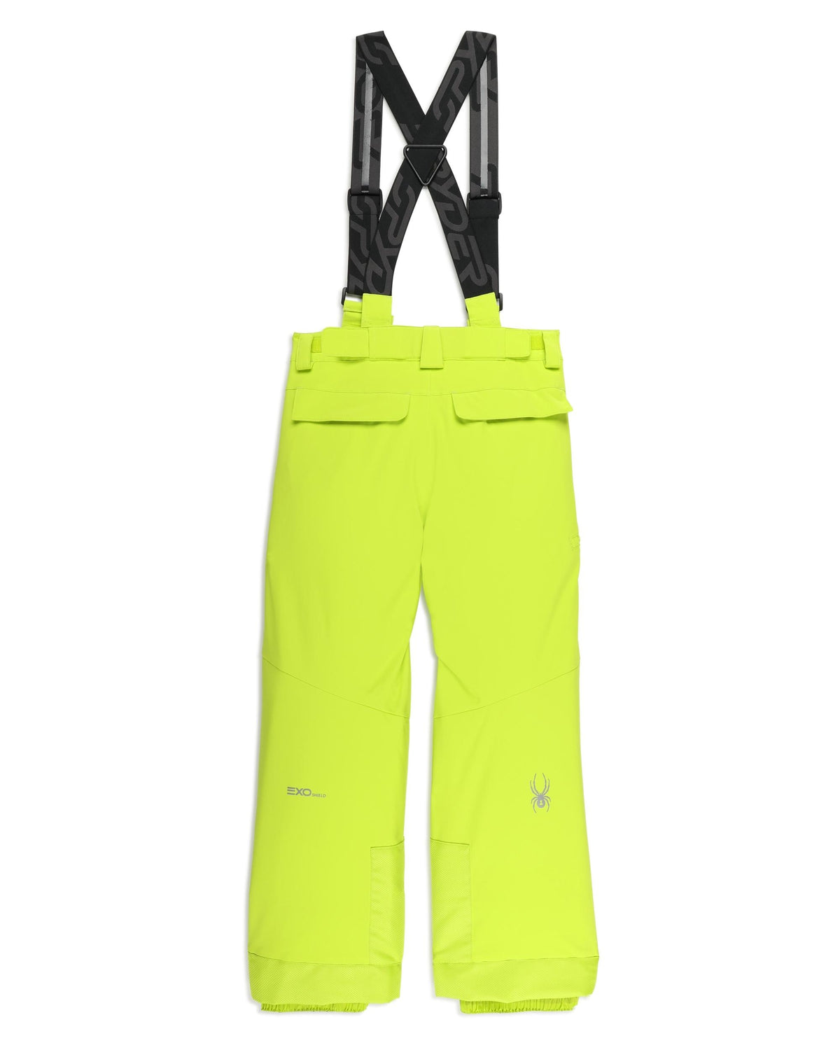 Bright yellow ski pants with black suspenders on a white background