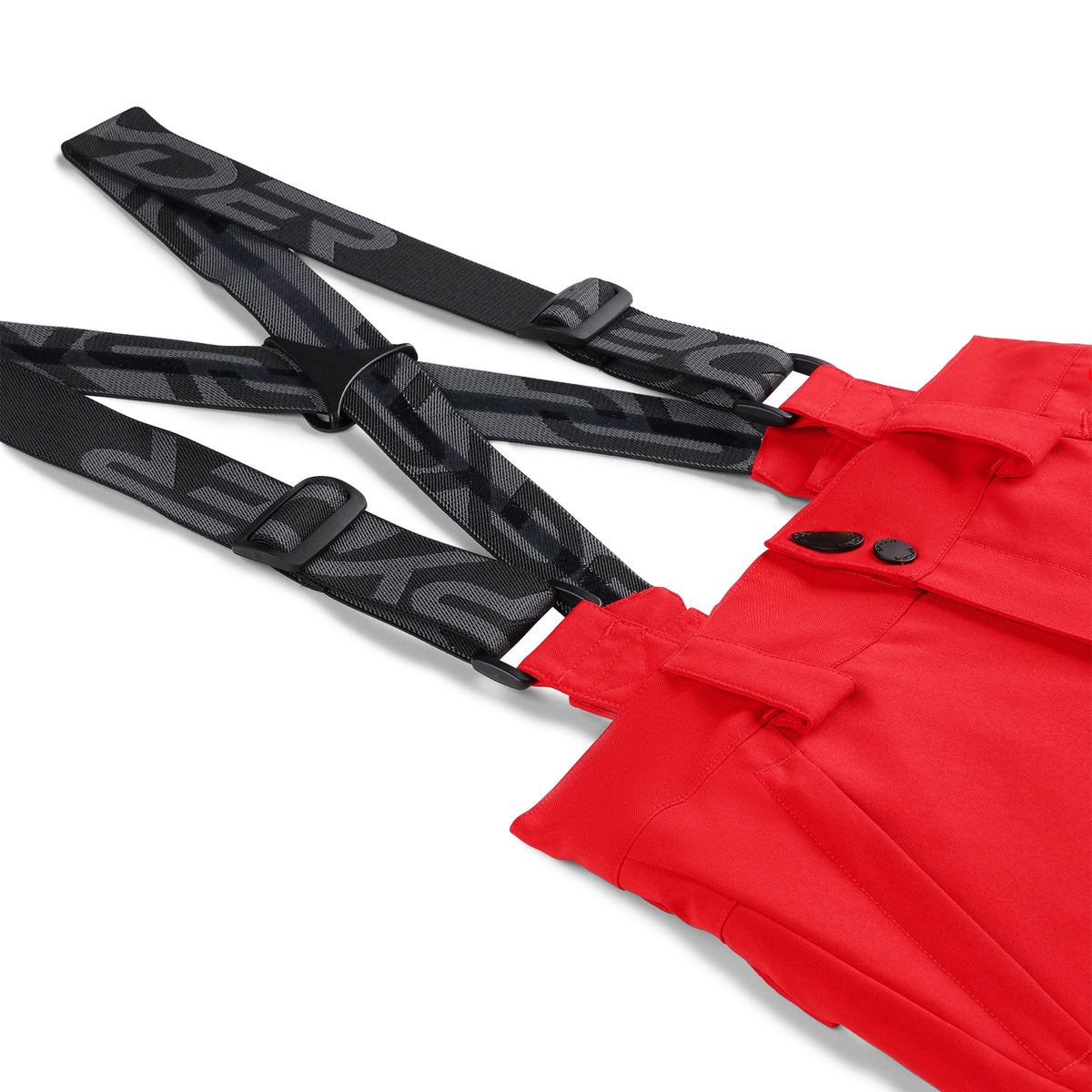 Red ski pants with adjustable suspenders and zippered hand pockets.