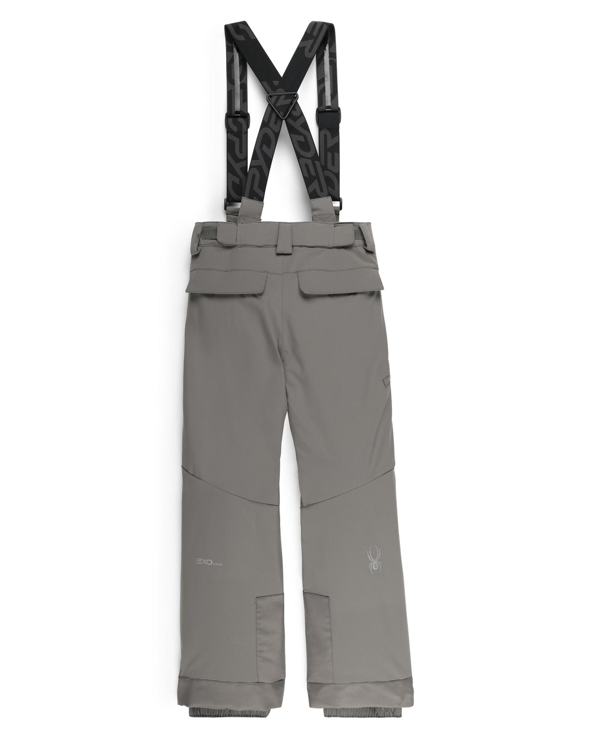 Gray pants with black suspenders on a white background