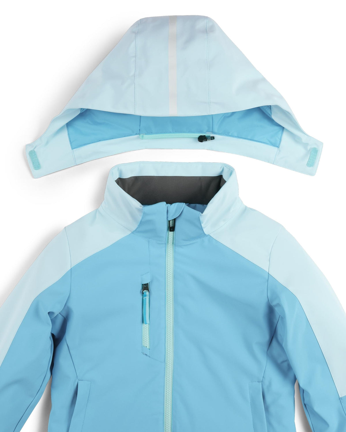 Light blue jacket with hood on a white background