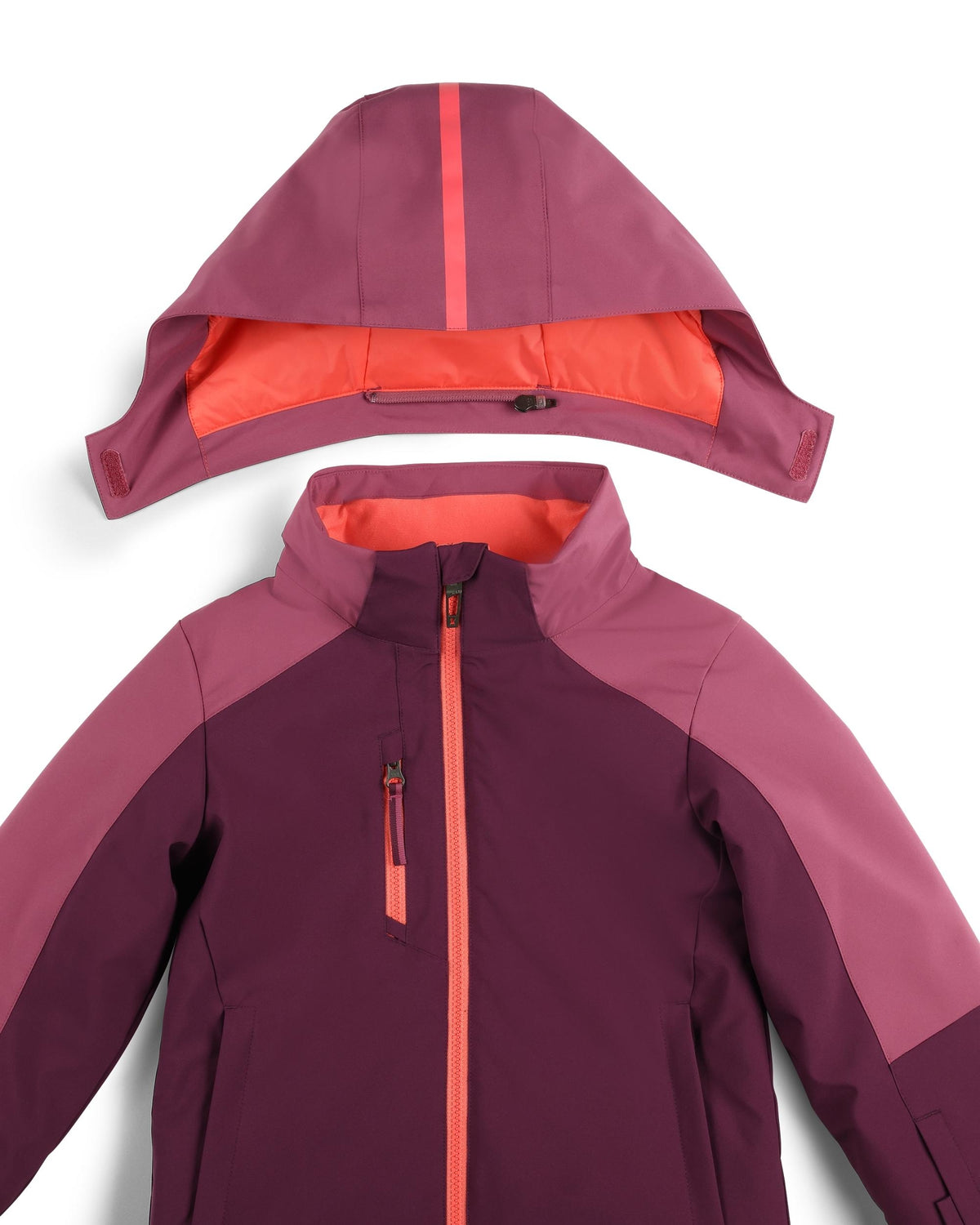 Purple and orange jacket with a hood on a white background