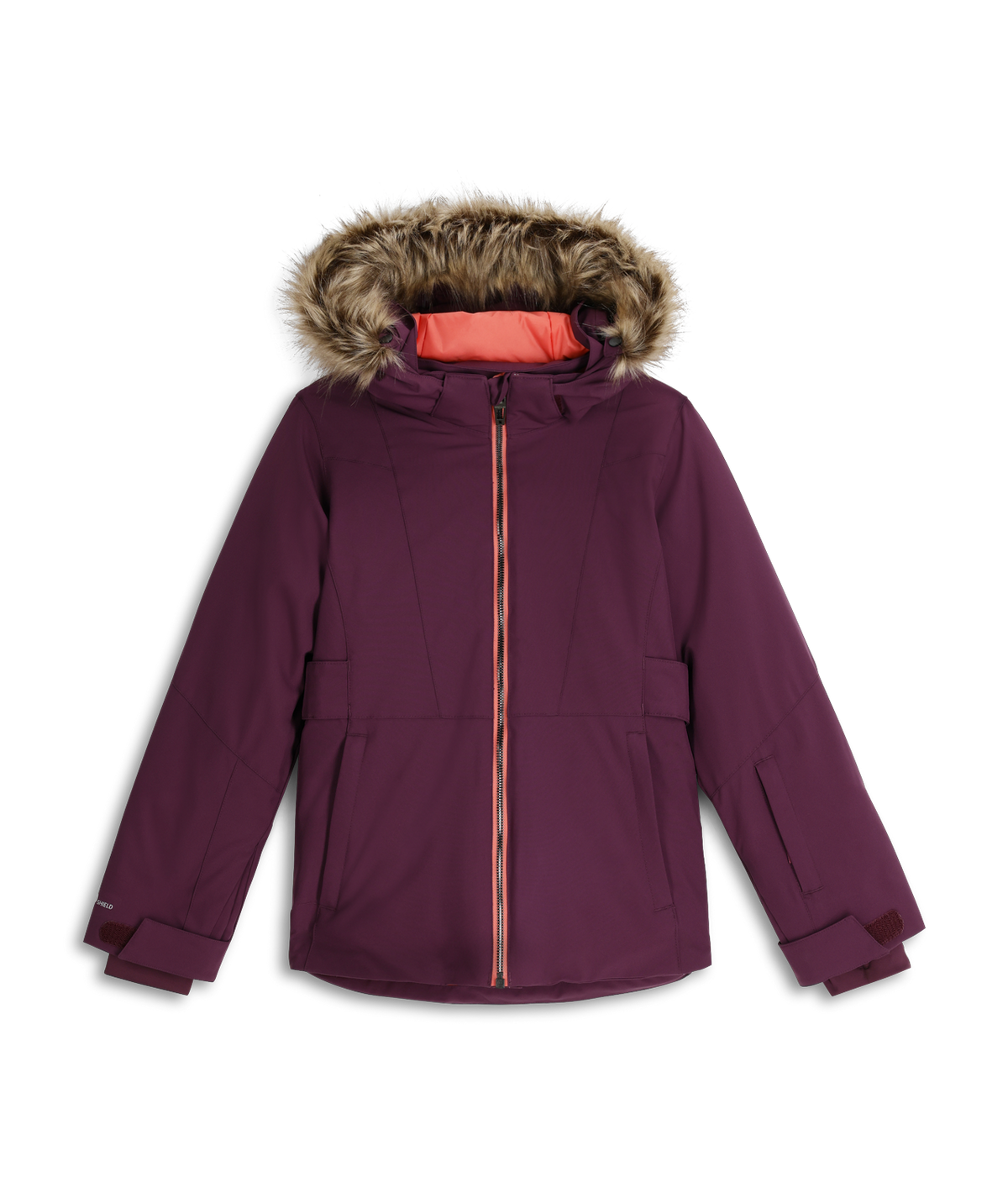 Purple winter jacket with fur-lined hood on a white background