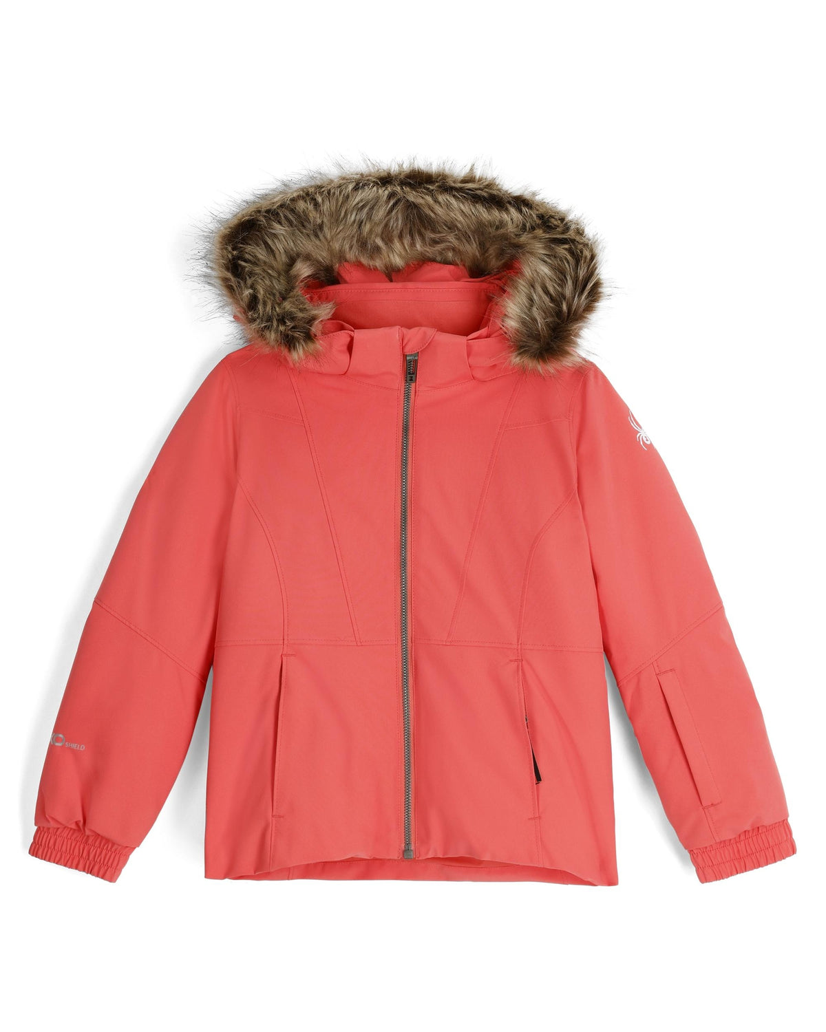 Red jacket with fur-lined hood on a white background