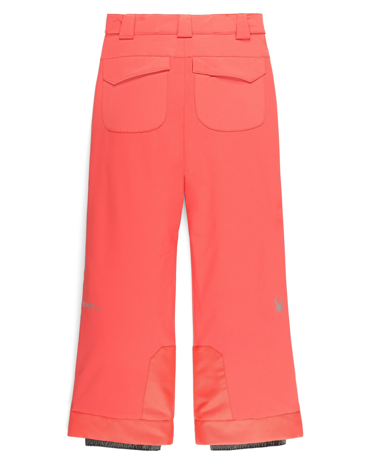 Coral pink pants with a brand logo on a white background