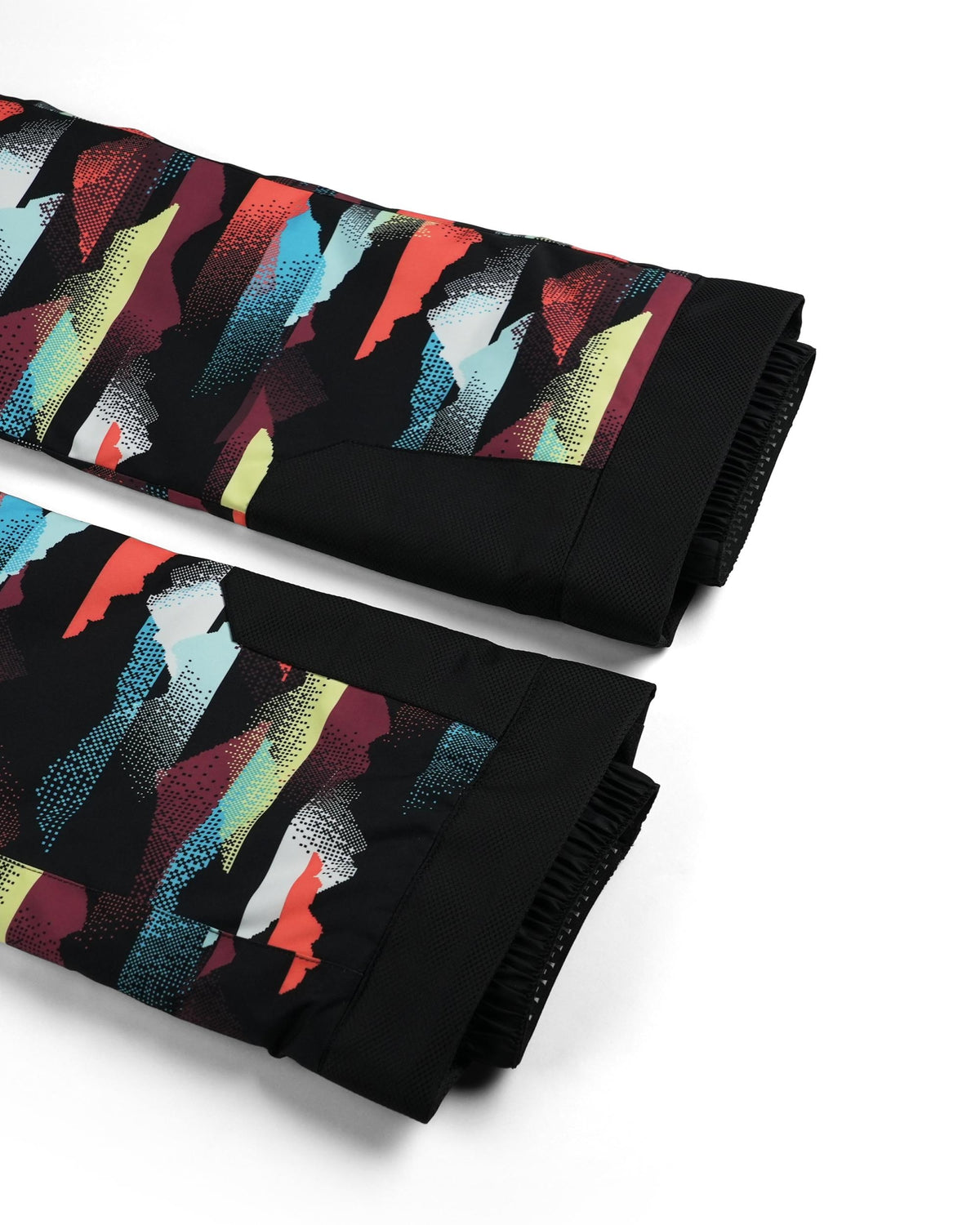 Black leggings with colorful abstract pattern on a white background