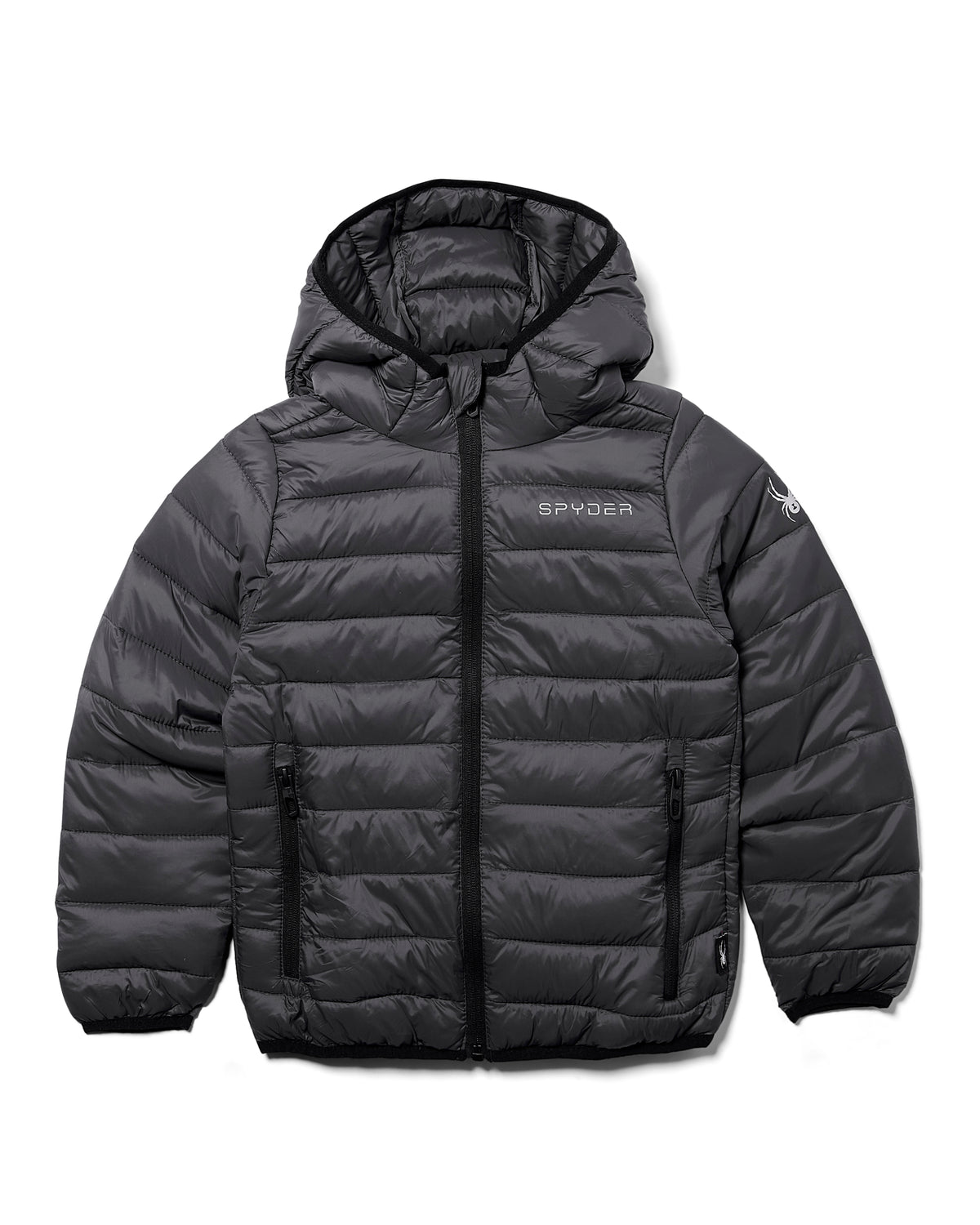 Dark gray puffer jacket with hood on a white background