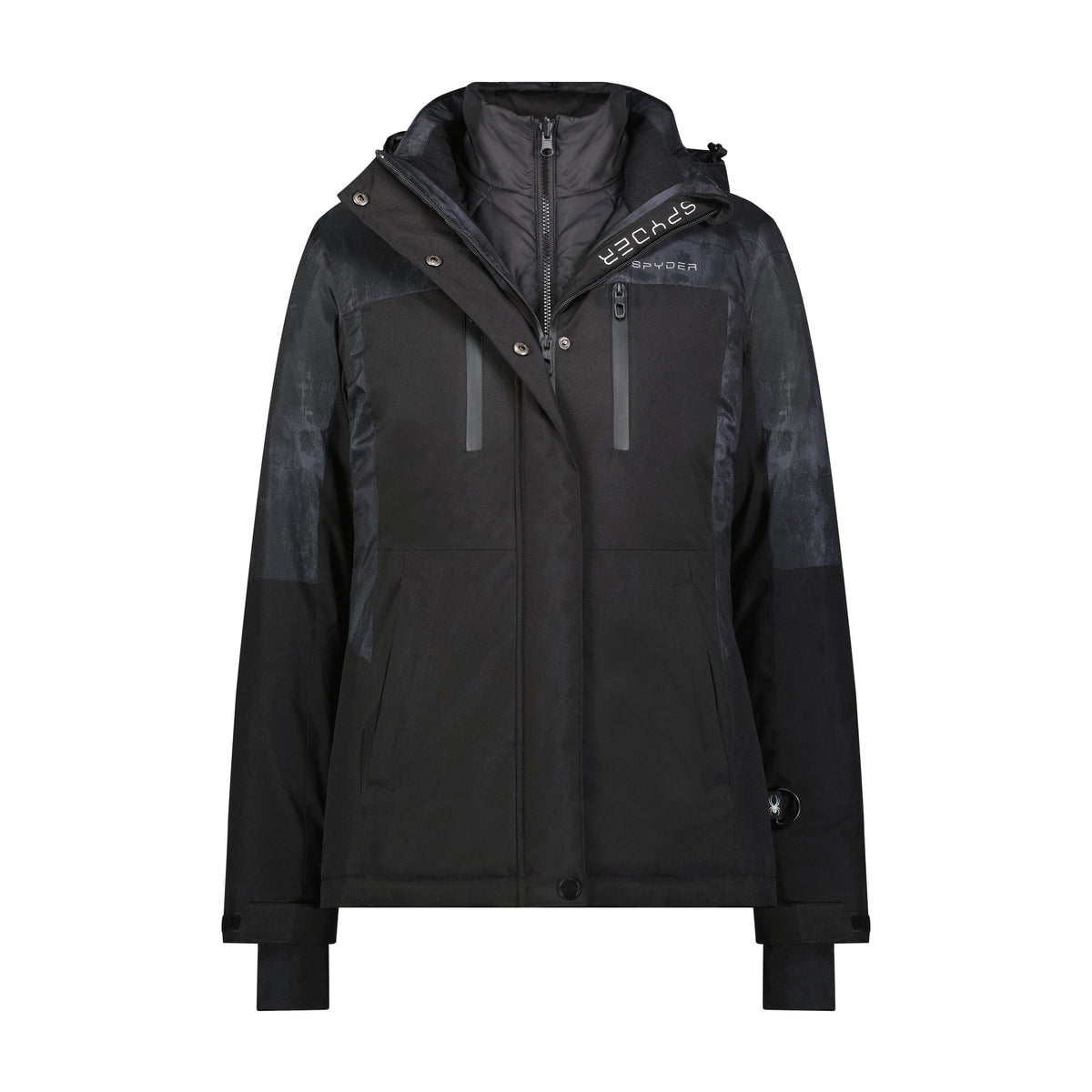Black jacket with brand logo on a white background