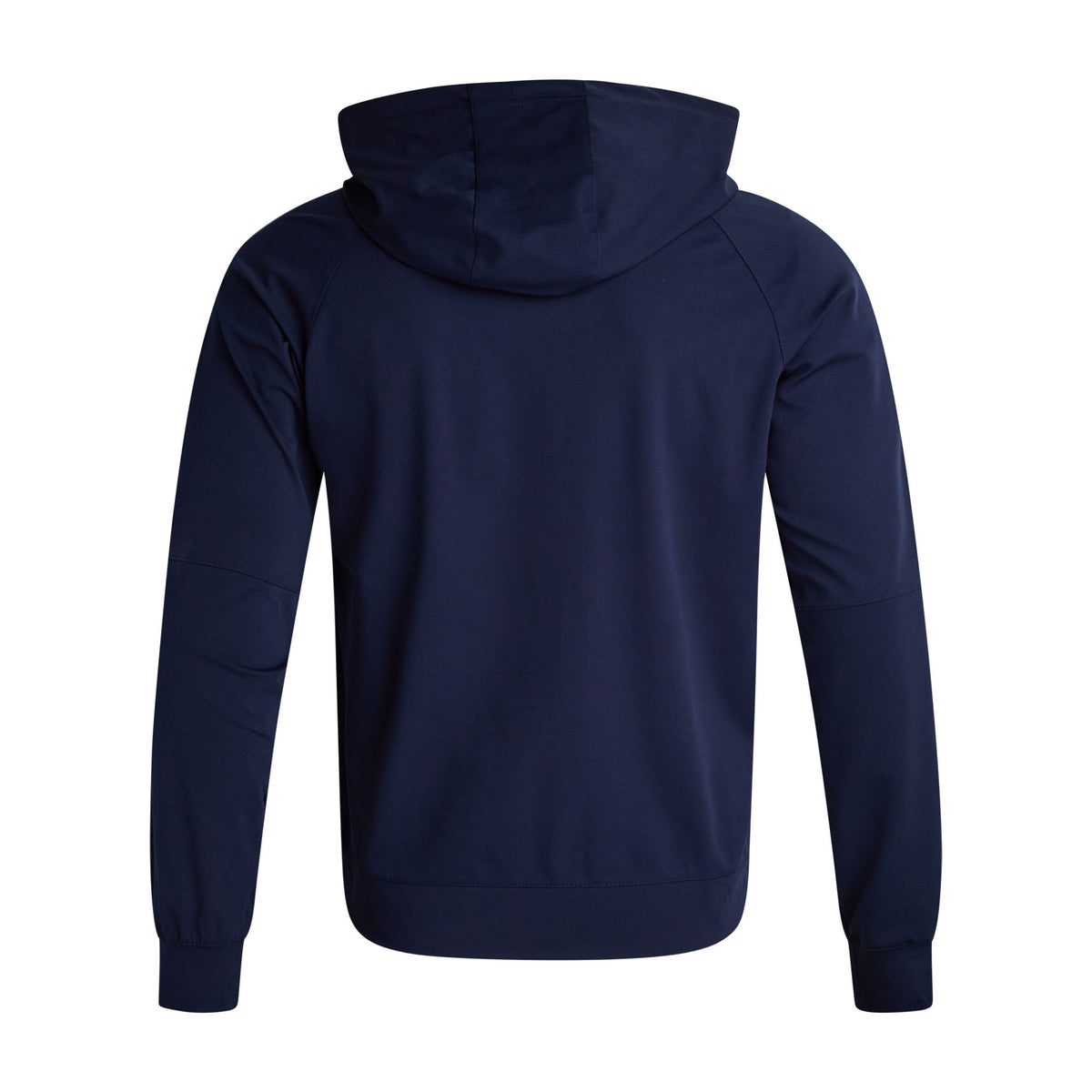 Navy blue hoodie shown from the back on a white background