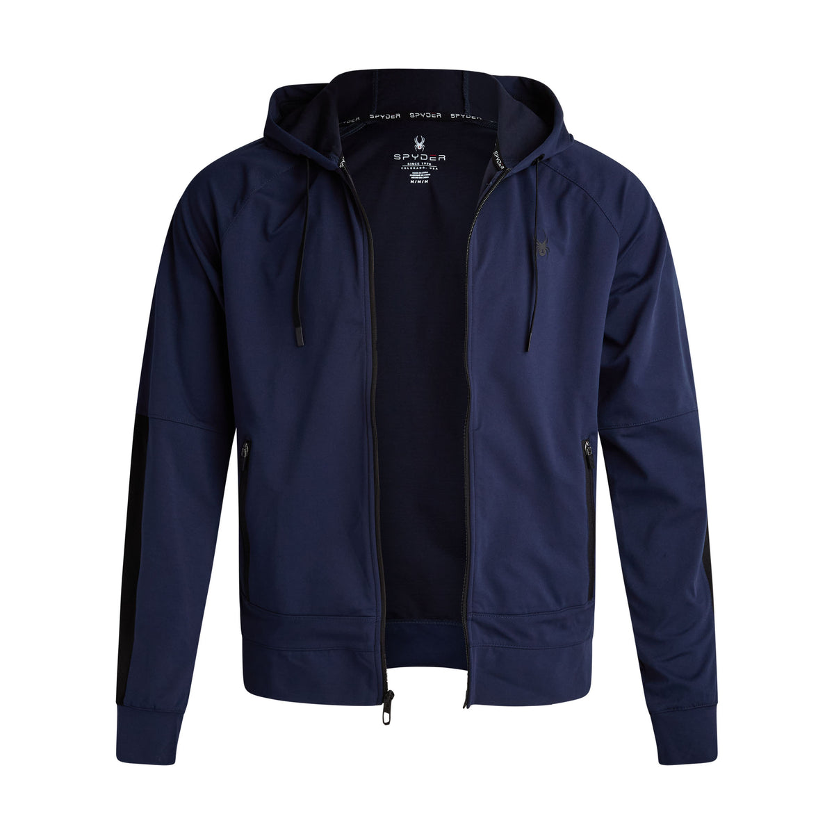 Navy blue jacket with a brand logo on a white background