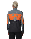 Person wearing a jacket with an orange and gray design on the back against a white background
