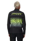 Person wearing a black Spyder jacket with a unique design on the back against a white background