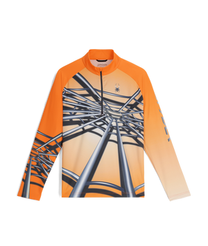 Orange long-sleeve shirt with a unique design on a white background