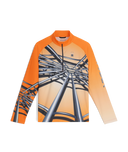 Orange long-sleeve shirt with a unique design on a white background
