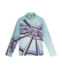 Light blue long-sleeve shirt with purple abstract design on a white background