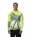Man wearing a bright green cycling jersey with black and white design on a white background