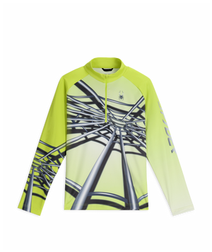 Bright yellow long-sleeve shirt with black geometric pattern on a white background