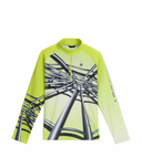 Bright yellow long-sleeve shirt with black geometric pattern on a white background