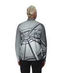 Person wearing a gray long-sleeve shirt with a unique design on the back against a white background
