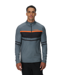 Man wearing a gray and black athletic jacket with orange accents on a white background