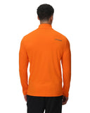 Person wearing an orange long-sleeve shirt with a brand logo on the back, standing against a white background.