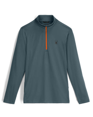 Teal long-sleeve shirt with orange zipper on a white background