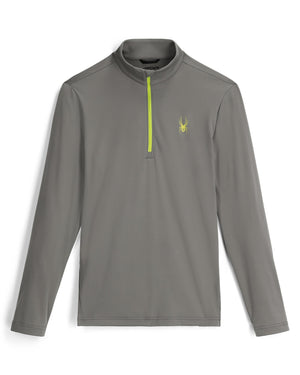 Gray long-sleeve shirt with a yellow zipper and logo on a white background