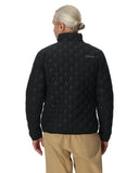 Person wearing a black jacket with a pattern on the back, standing against a white background