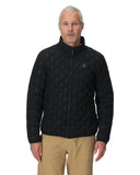 Man wearing a black quilted jacket with a pattern on a white background